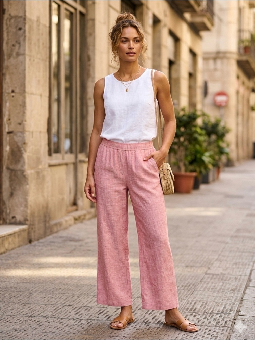 Tahari Dusty Rose Wide-Leg Linen-Blend Pants